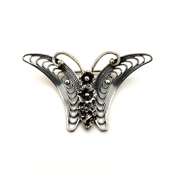 Beau Sterling Silver Flower Center Butterfly Brooch Pin Signed Vintage - Picture 1 of 12